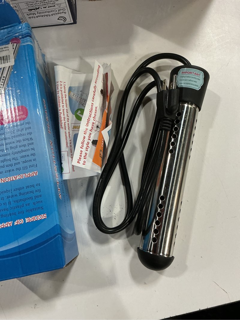 Condition photo showing As Is for Portable Water Heater Electric, 2000W Immersion Water Heater with LCD Thermometer, Stainless Steel Immersion Heating Rod, Submersible Bucket Heater for Home Camping Bathtub Small Pool Outdoor Use Black