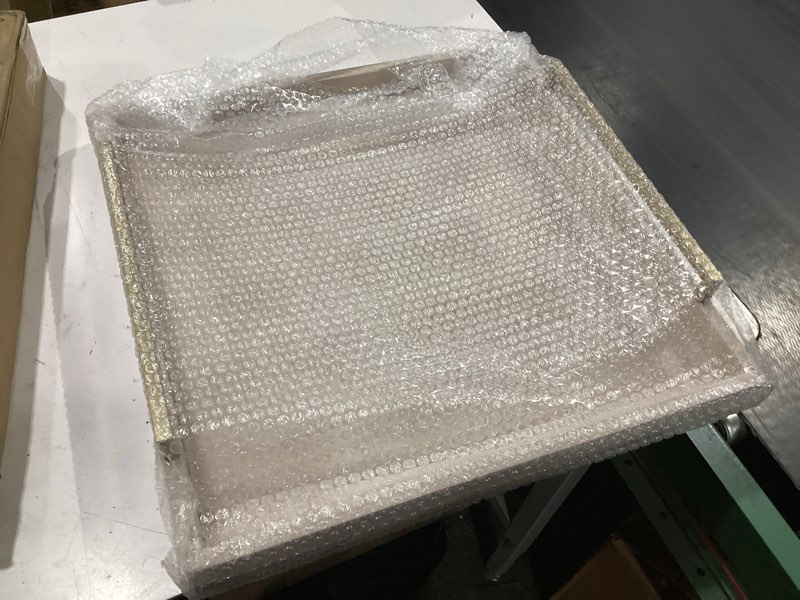 Condition photo showing New/Like New for large ottoman tray for coffee table,square shagreen leather decorative tray with gold handles for living room decor ivory 20" x 20" x 3"