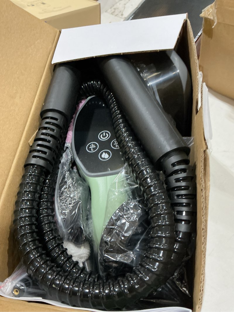 Condition photo showing New/Like New for handheld steam cleaner, portable steamer for cleaning with 18pcs accessories, 12s fast heating, pressurized steam cleaner for home, kitchen, bathroom, car detailing, window, and clothes, green