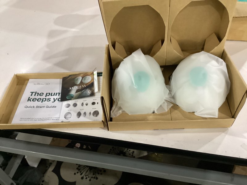 Condition photo showing Good Condition for not tested**** willow go wearable breast pump, double electric breast pump, cordless, hands free breast pump with 9 levels of hospital grade suction strength, app compatible & fits fully in bra, 21mm & 24mm flange clear