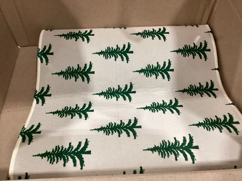 Condition photo showing Good Condition for forest green cream christmas kitchen mats set of 2 xmas tree print winter holiday kitchen rugs for floor home decor low-profile mats,17x29 and 17x47 inch forest green cream christmas tree