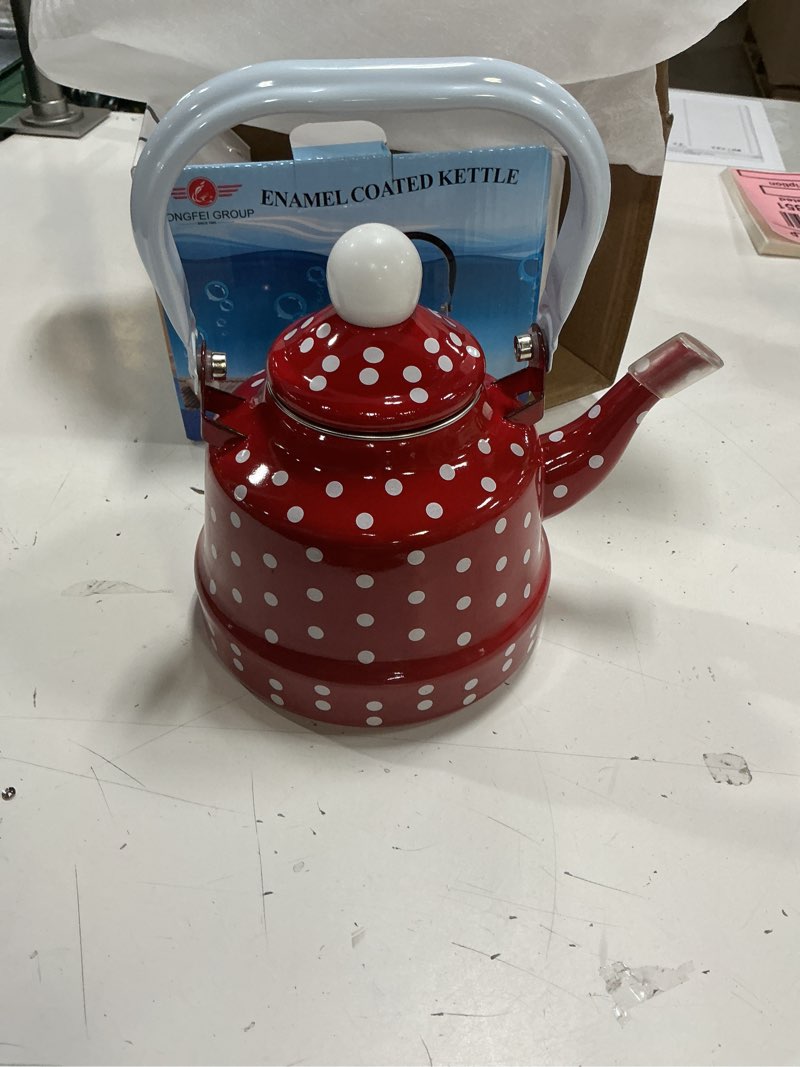 Condition photo showing New/Like New for doitool vintage tea kettle 1.1 l enamel tea kettle with handle, stove top water kettle coffee tea and white polka dot with stainless steel filter for home kitchen