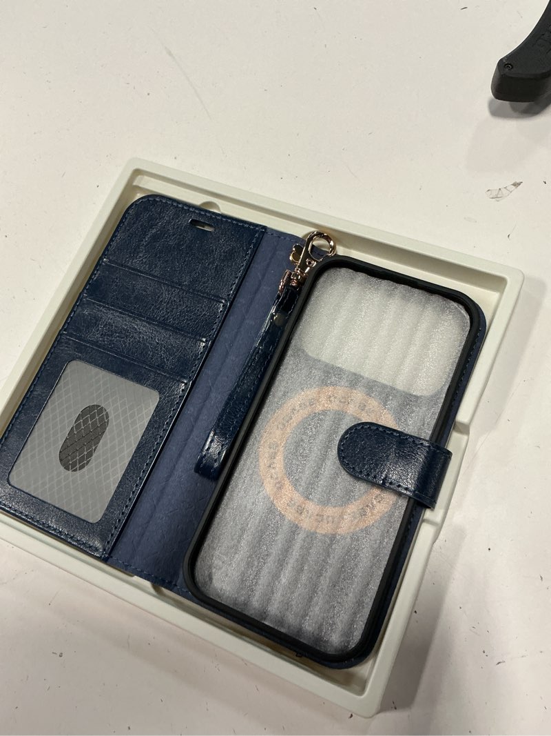 Condition photo showing New/Like New for ocase for iphone 17 pro detachable wallet case with card holder, 2 in 1 pu leather flip folio with rfid blocking stand wrist strap shockproof phone cover 6.3 inch 2025, blue blue iphone 17 pro