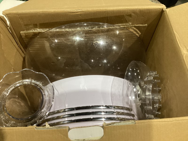 Condition photo showing As Is for Nostalgia Countertop Retro Lighted Party Beverage Fountain – 1.5 Gallon Capacity, 3-Tiered Cascading Tower with LED Base - Perfect for Punch, Juice, Wine, Champagne & More Lighted Party Fountain White