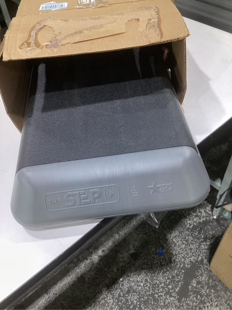 Condition photo showing As Is for (missing stackable risers) the original step exercise step platform, health club size stepper for exercise at home with 4 stackable risers for height adjustments 4 risers grey