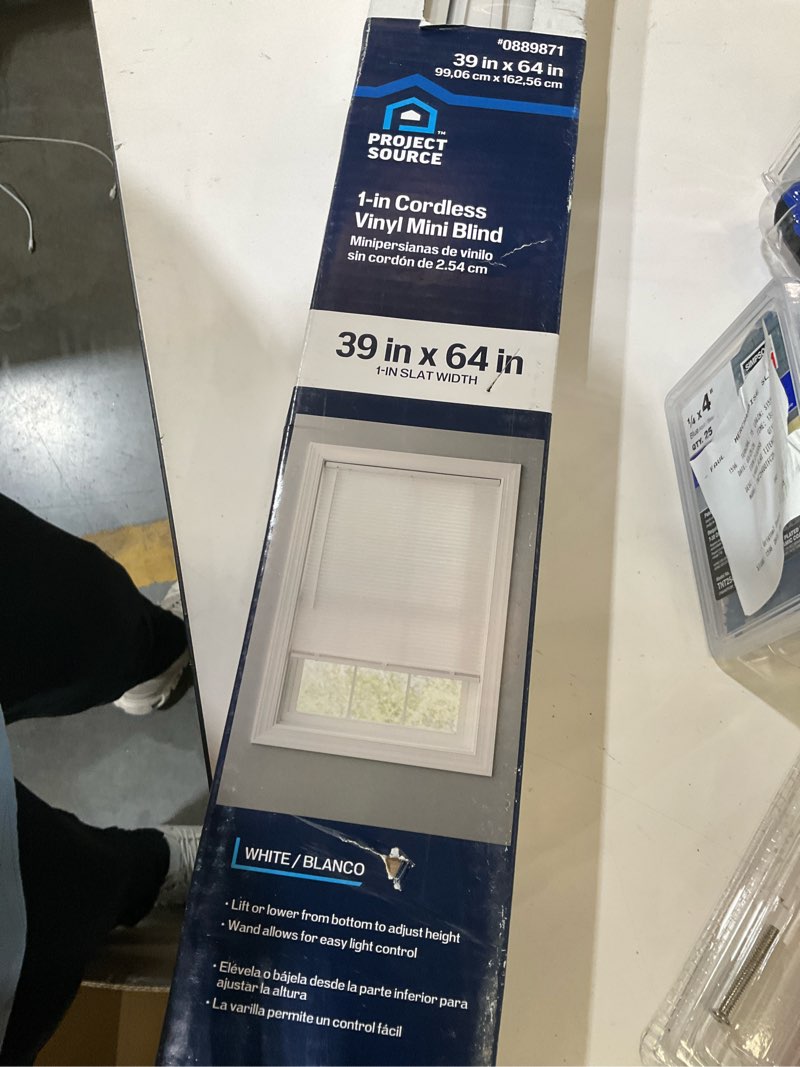 Condition photo showing As Is for project source light filtering 1-in slat width 39-in x 64-in cordless white vinyl light