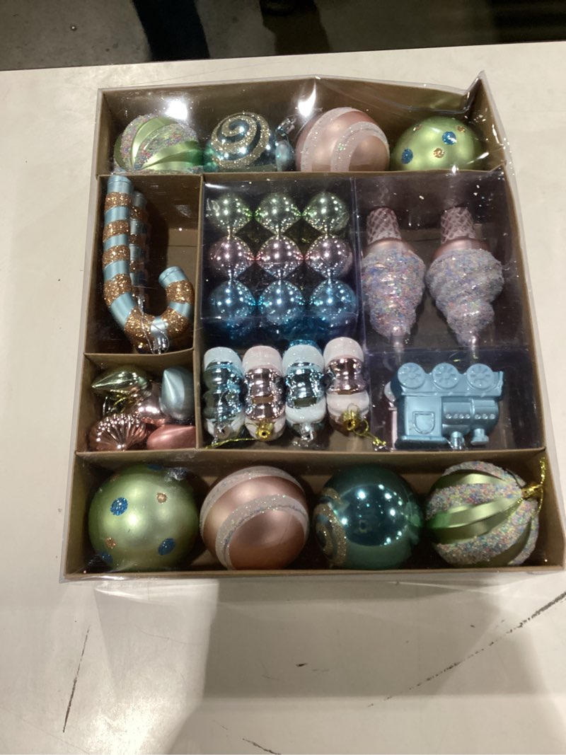 Condition photo showing New/Like New for Pink Green and Blue Candy Christmas Ornaments, 47Pcs Shatterproof Pastel Candyland Christmas Tree Decorations Macaron Assorted Ice Cream Train Candy Cane Baubles Ball Ornaments (Pastel)