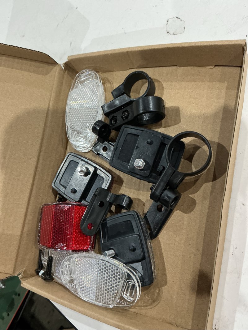 Condition photo showing As Is for (incomplete, missing pieces)xujinsongg 8 pcs bike front and rear reflectors kit, bicycle wheel spoke reflectors kit, bike cycling safety warning reflectors for handlebar seatpost, bike road safety reflection kit, red and white
