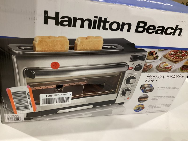 Condition photo showing As Is for Hamilton Beach 2-in-1 Countertop Toaster Oven and Long Slot 2 Slice Toaster, 60 Minute Timer and Automatic Shut Off, Shade Selector, Stainless Steel (31156)