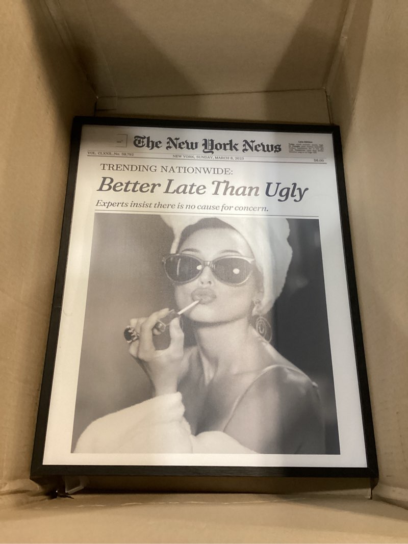 Condition photo showing New/Like New for iHery Small Premium Natural Black OAK Wood 8x10in Audrey Hepburn Trendy Framed Wall Art, Vintage Funny Better Late Than Ugly Canvas Bathroom Wall Decor Essential,Girly Dorm Bedroom Living Room 1Pack Black Oak Wood Framed Hepburn 10"L x 8"W