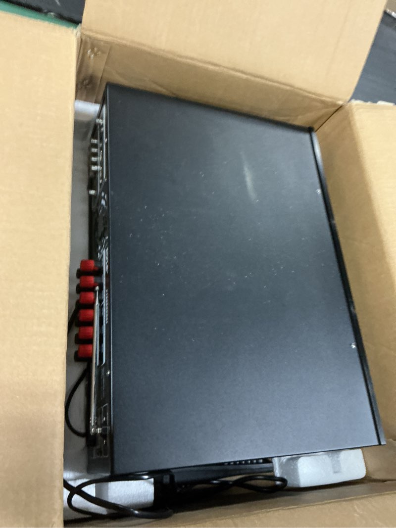 Condition photo showing As Is for pyle bluetooth hybrid home amplifier - 6-channel 2000w rack mount power amplifier receiver w/ radio - dual 10 band eq, karaoke microphone x2, usb, rca, coax, opt, dvd inputs, hidef input and output 6 channel amplifier 2000w amplifier