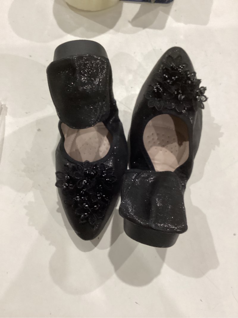 Condition photo showing Good Condition for kunwfnix women's ballet flats foldable classic crown rhinestone slip on flowers pu leather pointed toe comfort flat casual dress shoes 9 #03_black