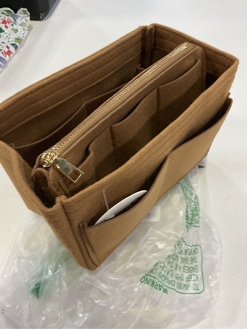 Condition photo showing New/Like New for purse organizer insert, felt tote organizer insert with metal zipper, handbag organizer for speedy, neverfull, tote, handbag, 7 colors 5 sizes medium coffee
