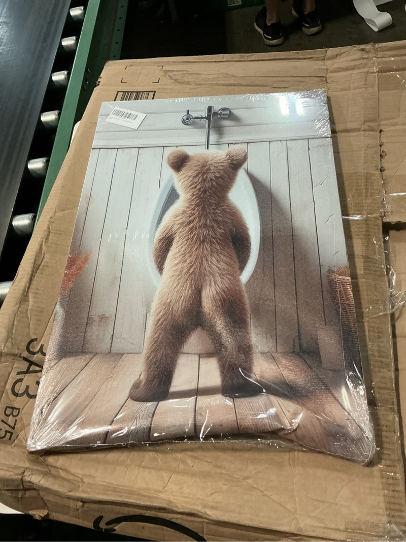 Condition photo showing As Is for humorous bear wall art funny animals kids bathroom artwork canvas poster prints funny brown bear wall art cute animal wall decoration paintings pictures for living room bedroom office 16x24in canvas bear 16"l x 24"w