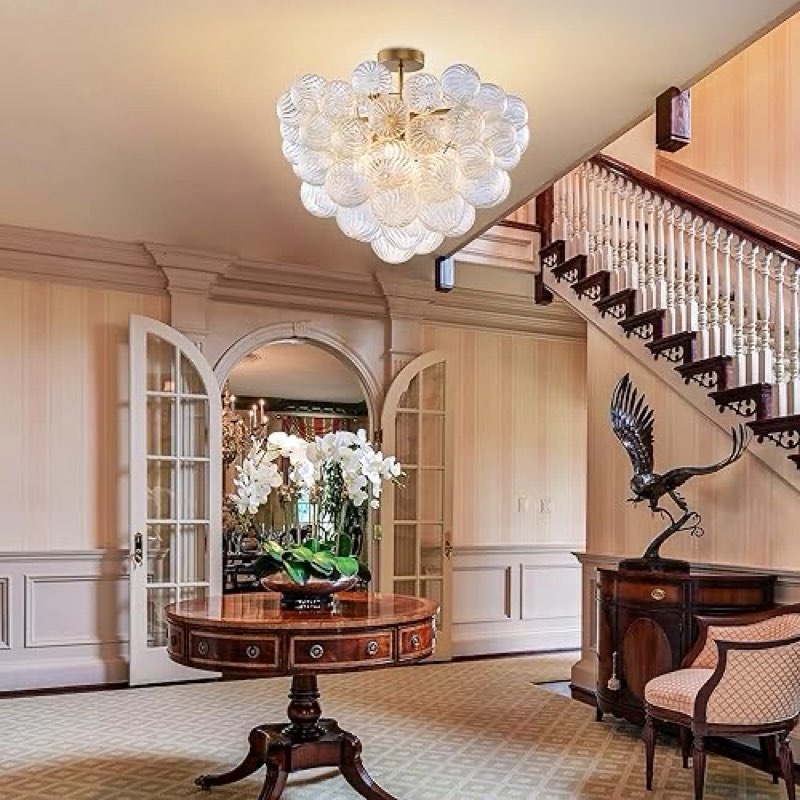 semi flush mount bubble ball chandelier lighting 24 inches gold clear ribbed blown glass chandeliers ceiling light fixture for bedroom, living room, entry, bathroom (similar no same) (color is silver)