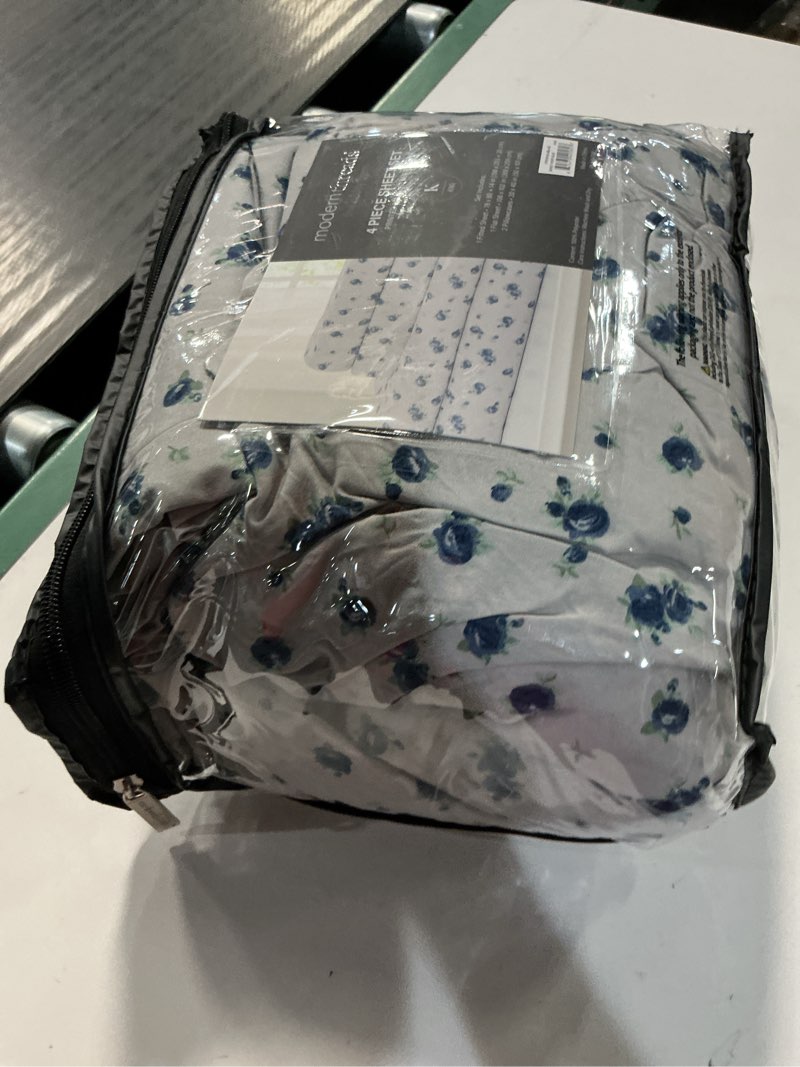 Condition photo showing Good Condition for modern threads 4-piece ultra soft microfiber bed sheets set, wrinkle free sheets with deep pockets fitted sheet, flat sheet & pillowcases, lightweight breathable bedding, blue roses, king king 19 blue roses on grey