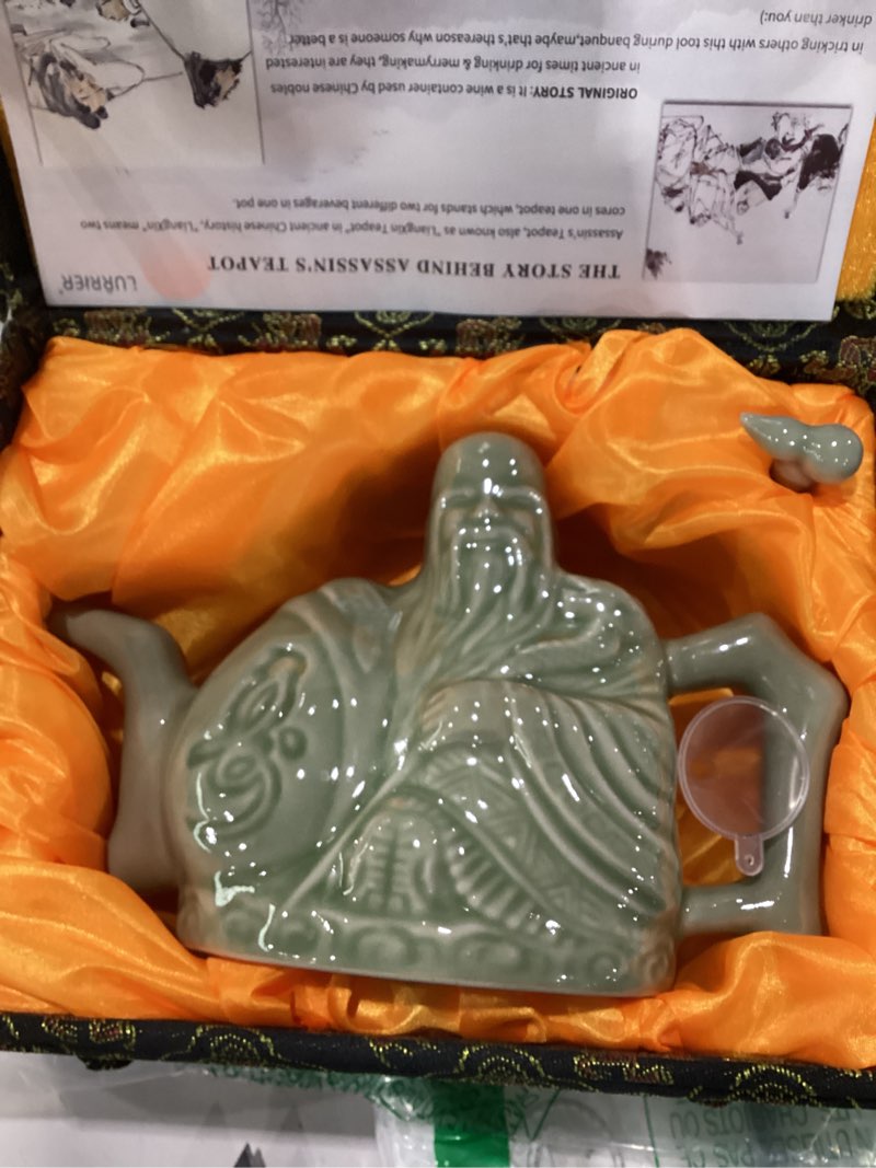 Condition photo showing New/Like New for lurrier assassins teapot, handmade chinese ceramic tea kettle, one pot three drinks,two chambers kettle, drink dispenser, magic trick kettle with gift box,16 oz(green) tableware