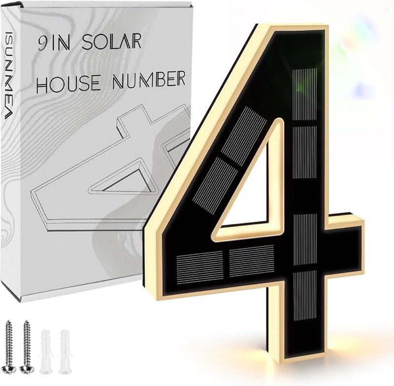 isunmea 9 inch solar lighted house numbers for outside, light up waterproof led address numbers signs for houses, large personalized illuminated exterior modern house numbers light (4-black, 9in)