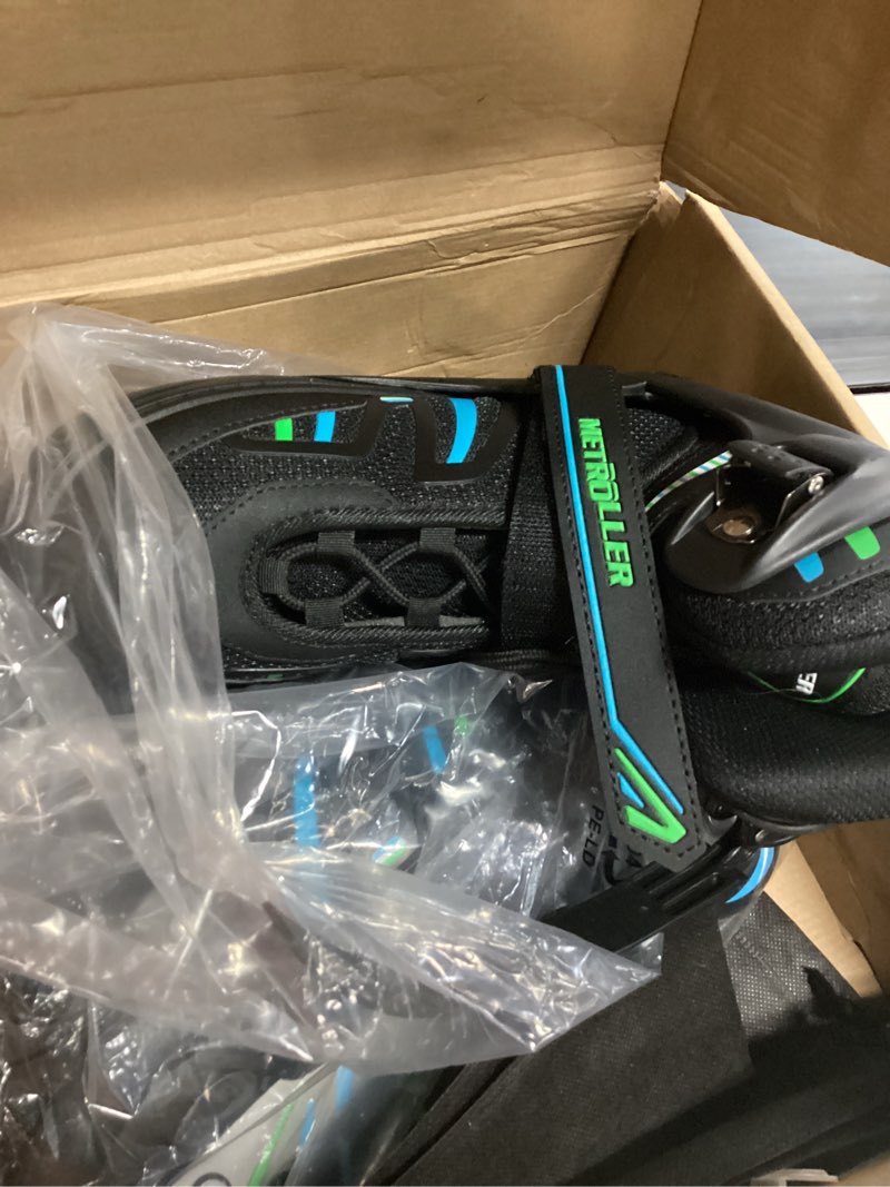 Condition photo showing New/Like New for metroller adjustable inline skates for girls boys 5-12 | light up wheels kids youth fun beginner youth ages adults outdoor green & blue large-youth & adult (4-7 us)