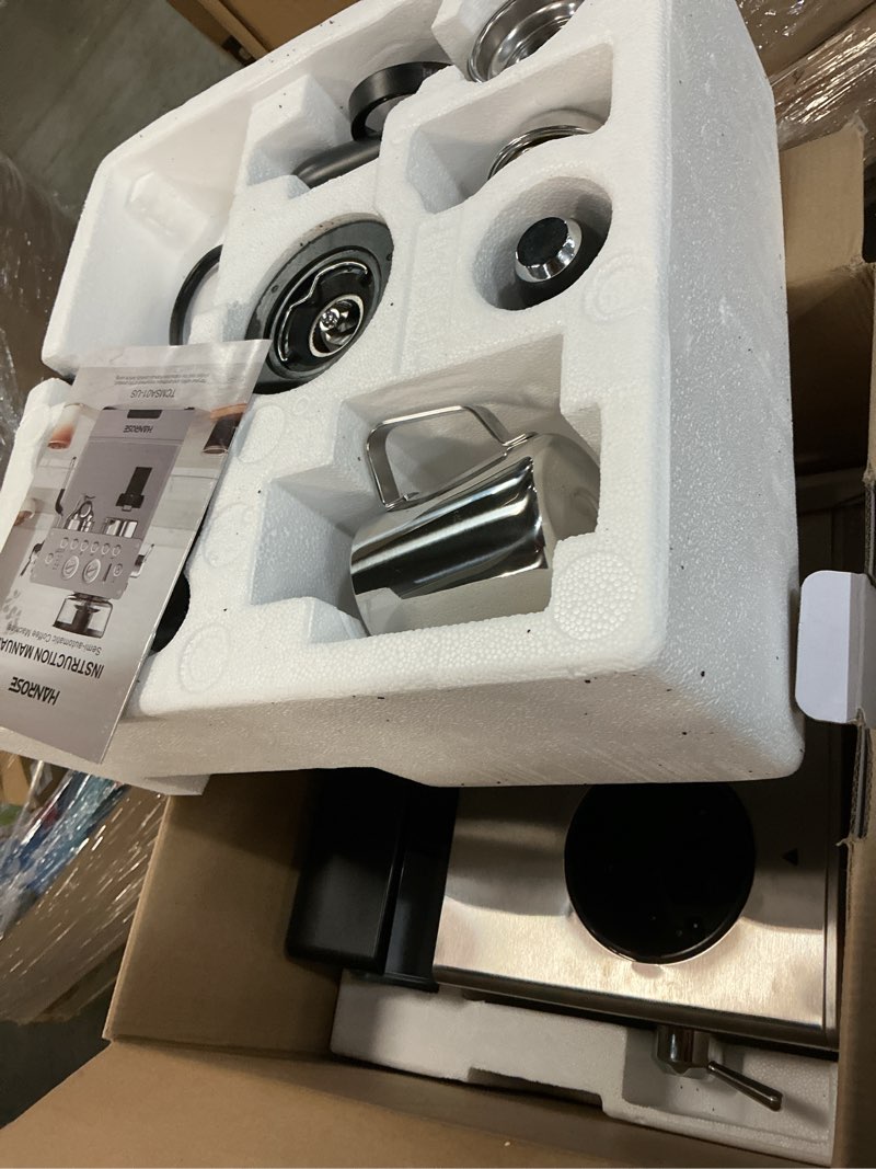 Condition photo showing As Is for espresso machine with grinder, 20bar espresso machine stainless steel, coffee machine with milk frother for latte/cappuccino, adjustable temperature, independent hot water & americano function