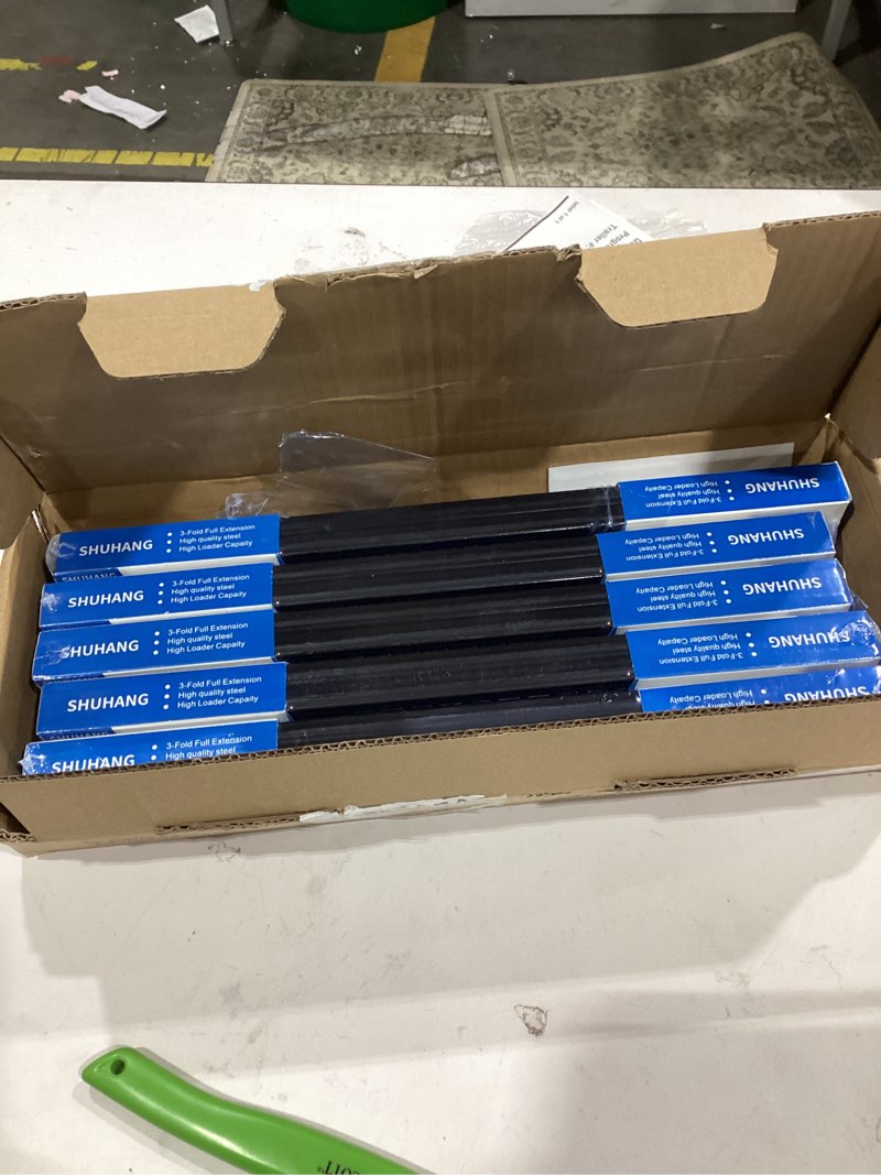 Condition photo showing New/Like New for SHUHANG 5 Pair Full Extension Drawer Slides 10 12 14 16 18 20 22 24 Inch 100 lb Load Capacity Side Mount Ball Bearing Rails Cabinet Dresser Glides Wardrobe Kitchen Trash Can Slider Runners Black 14 Inch 5 Pair (Black)