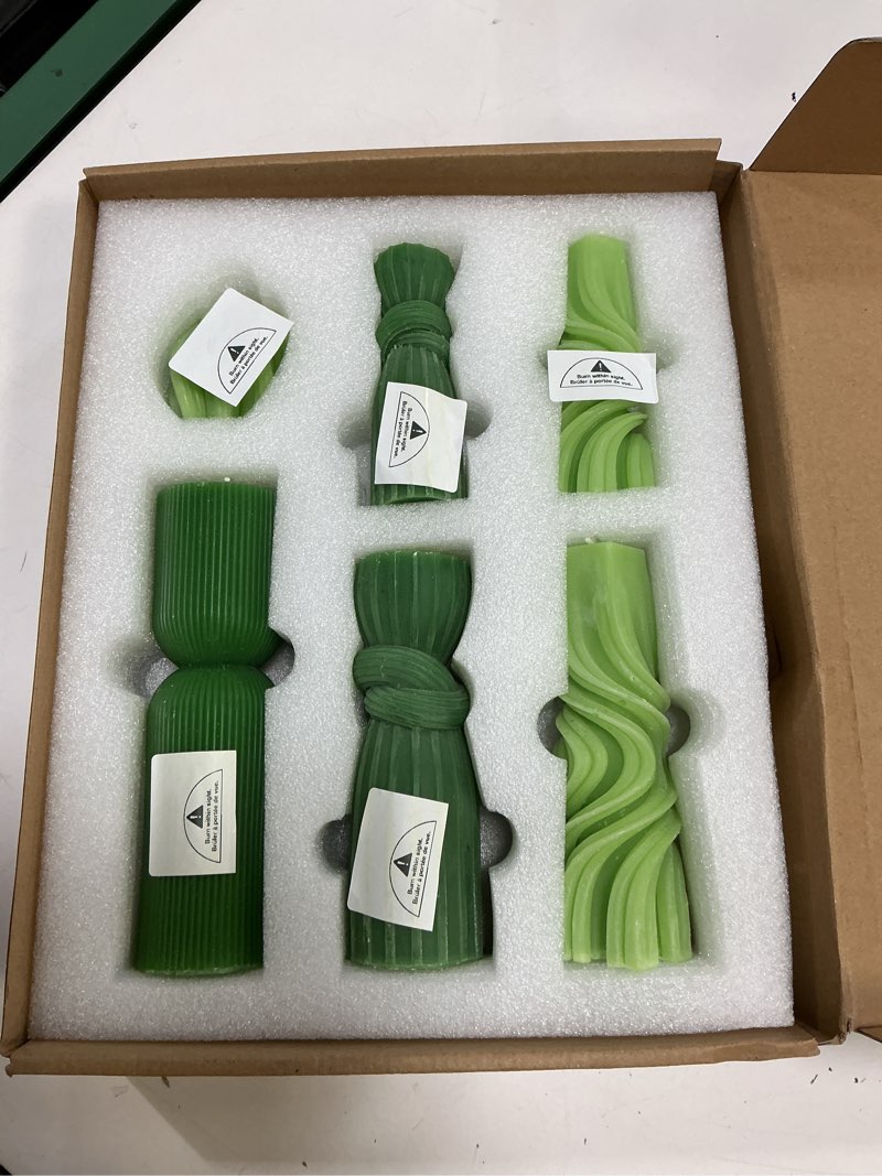 Condition photo showing New/Like New for 6 Pcs Pillar Candles Modern Aesthetic Ribbed Decorative Candle Set Cute Soy Wax Scented Ribbed Decor for Home(Green,2.36-6.89 Inch) Green 2.36-6.89 Inch