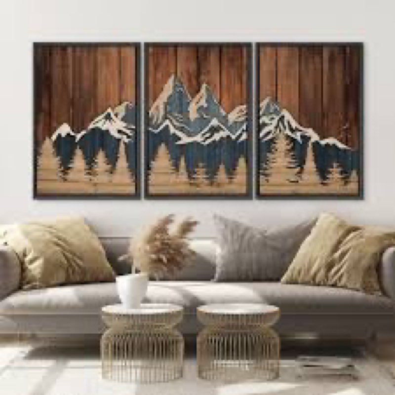 Set of 3 Mountain canvas Wall Art Large Forest Wall Decor pictures Woodcut Wooden Landscape poster P