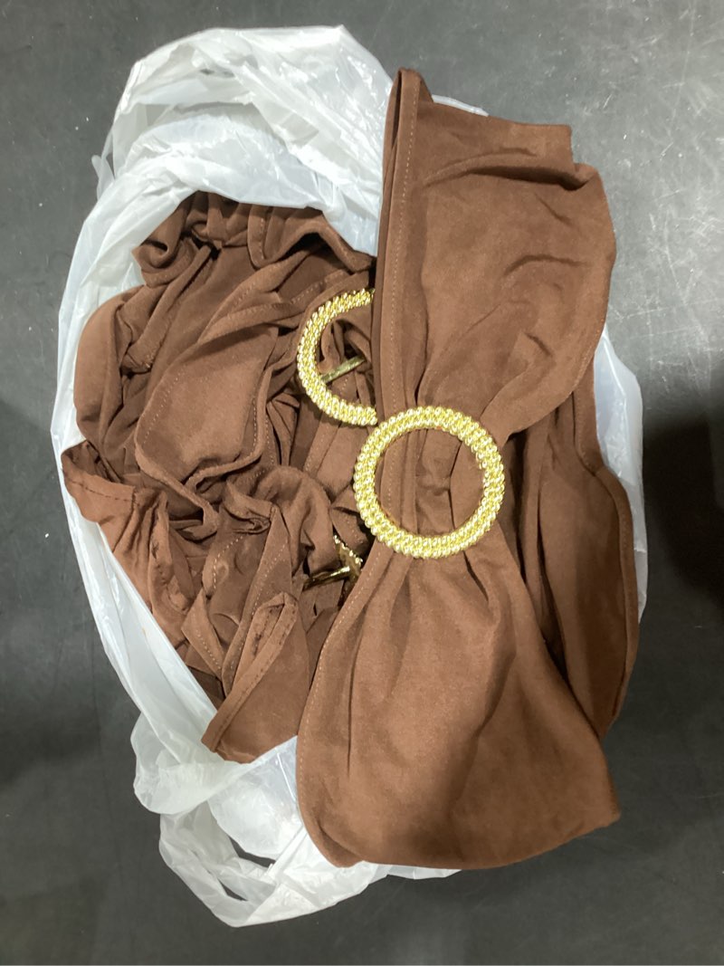 Condition photo showing As Is for Pack of 50 Spandex Brown Chair Sashes with Gold Buckles, Stretch Chairs Sashes for Wedding Party Birthday Halloween Ceremony Event Decorations Chair Bands Bows (Brown Sashes, Gold Buckles) Brown Sashes + Gold Buckles 50