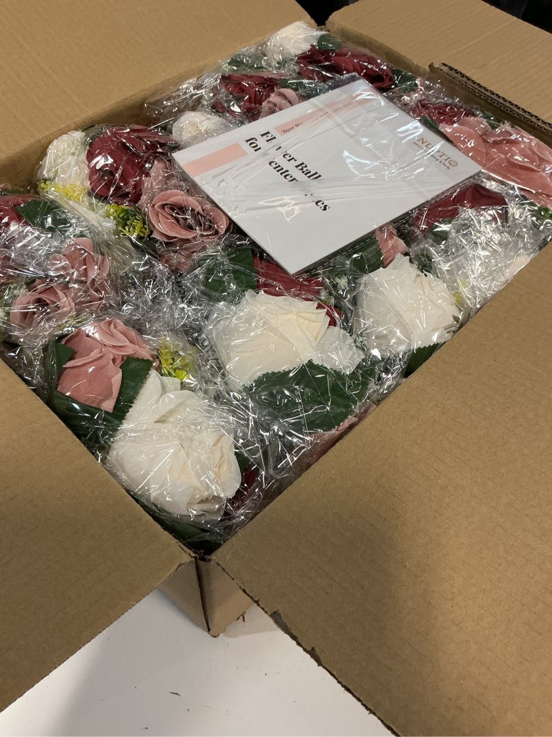 Condition photo showing New/Like New for NUPTIO Artificial Flower Centrepieces for Tables - 10 Pcs Burgundy & Dusty Rose & Creamy White Fake Flowers Roses Balls 9.5in Diam - Silk Faux Rose Arrangement for Wedding Party Table Decor