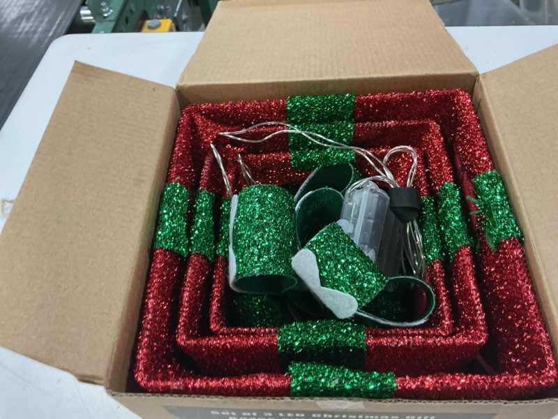 Condition photo showing Good Condition for MorTime Set of 3 LED Boxes with Green Bows, Lighted Red Boxes with 60 LED Light String for Christmas Indoor Outdoor Home Yard Party Decoration LED Gift Boxes