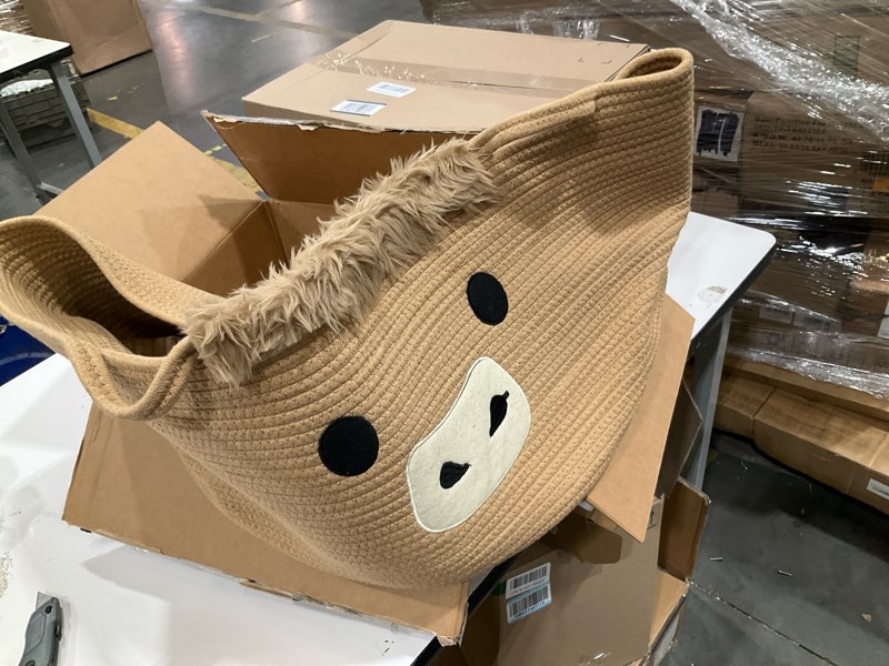 Condition photo showing Good Condition for large highland cute cow basket for nursery,laundry blanket gift basket | woven cotton rope storage bins with handles, extra empty decorative bin for towels pillow clothes hamper room,23"d×13"h