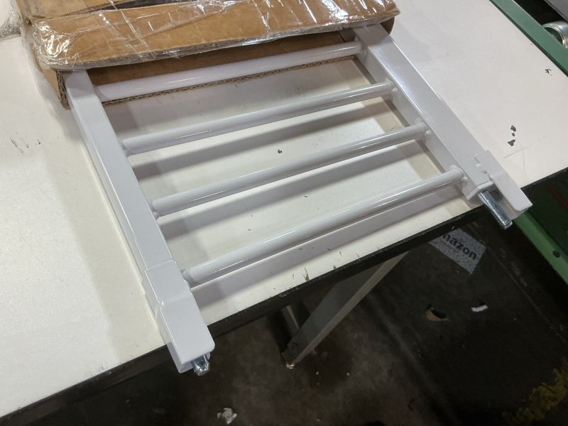 Condition photo showing As Is for malier indoor dog gate with door, 34-55" extra wide full metal pet gate short dog gate for stairs, pressure mount 10'' tall small puppy low gate easy step over for doorways white 10''h × 34''- 55''w