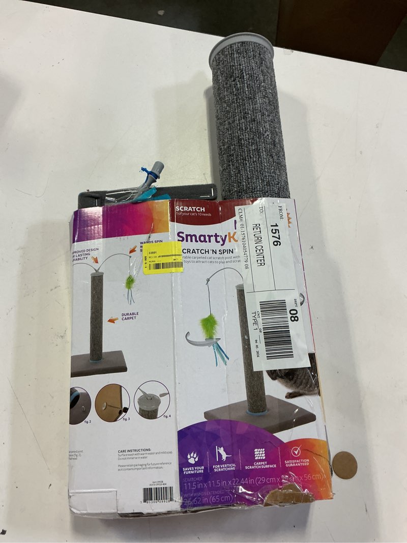 Condition photo showing As Is for smartykat scratch  n spin carpet cat scratching post with interactive spinning wand cat toys