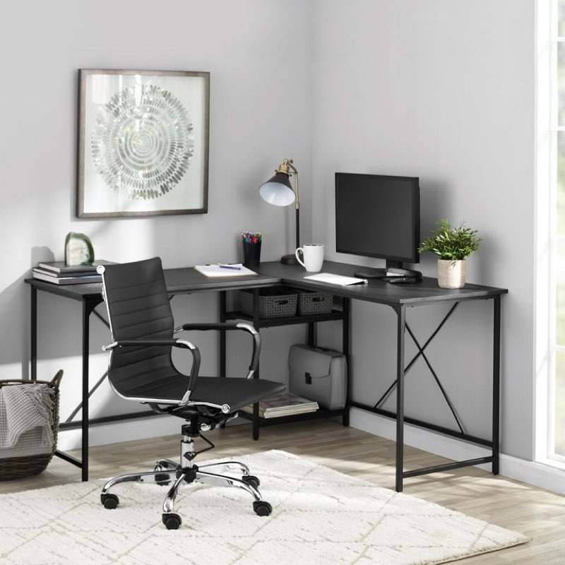 mainstays two-way convertible desk with lower storage shelf, charcoal, for adults and teens