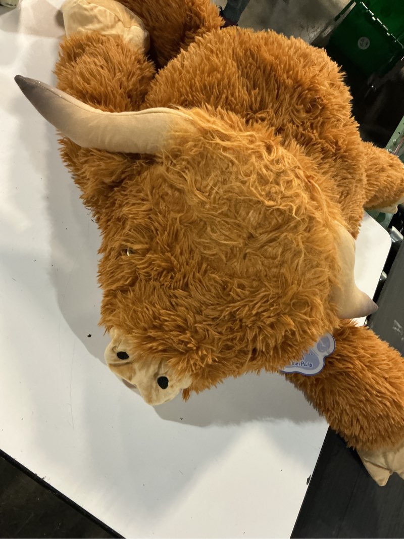 Condition photo showing As Is for jellymallow highland cow weighted stuffed animals 5 lbs 16 in, jumbo highland cow stuffed animal plush toy, adorable weighted cow cattle stuffed animal pillow gifts for kids and adults highland cow-z