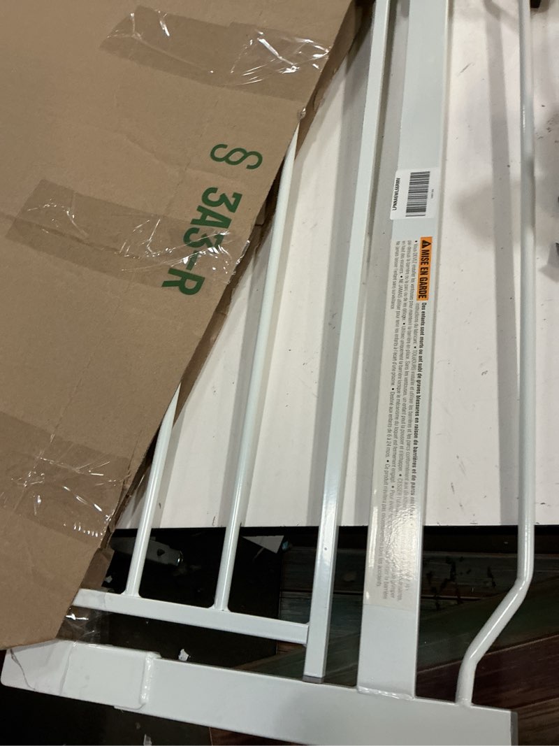Condition photo showing As Is for regalo safety 29-56" extra wide baby gate for doorways & bottom of stairs, pressure mounted baby gate with door for babies, toddlers & pets, tested & safe for 30 years, american designed and owned white 29-56"w x 30"h
