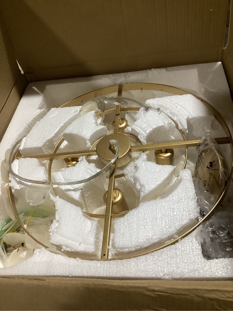 Condition photo showing As Is for Shell Chandelier, White and Gold Chandelier Light Fixture with 4 Lights Capiz Seashell Pendant for Foyer,Kitchen Island,Entryway,Dining Room (18" Coastal Chandeliers) White Gold 4 Light Capiz Shell Chandelier