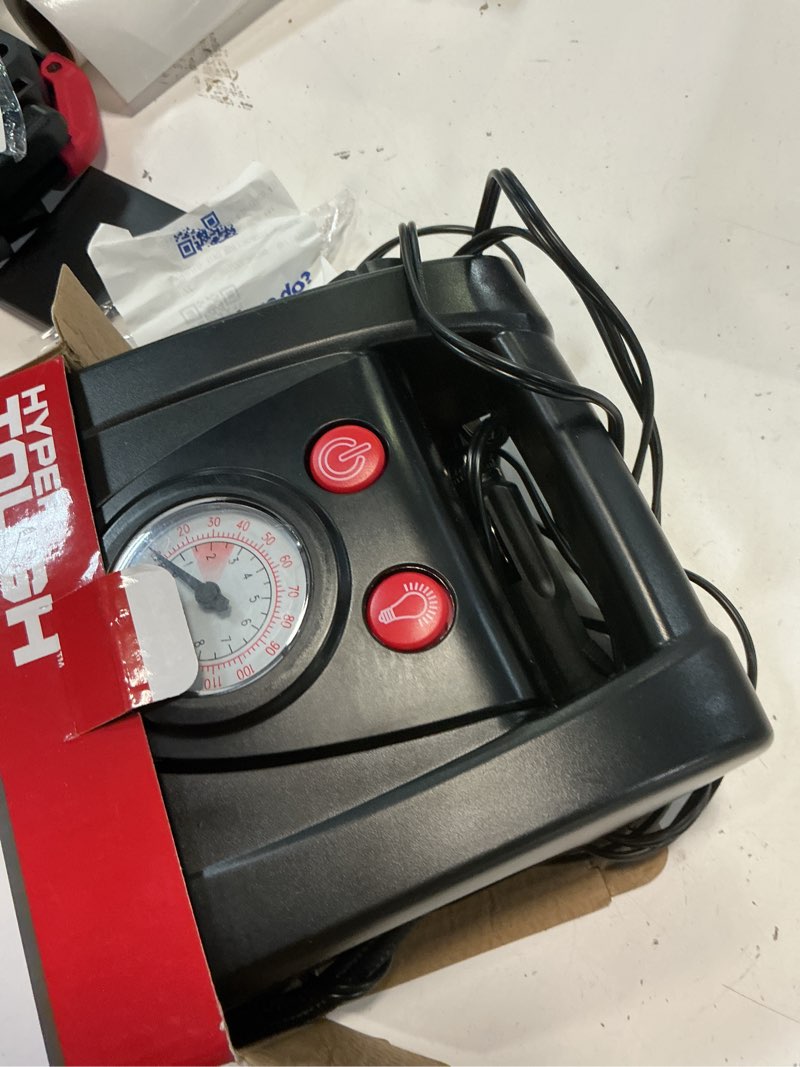 Condition photo showing As Is for hyper tough dc12v standard tire inflator & tire pump