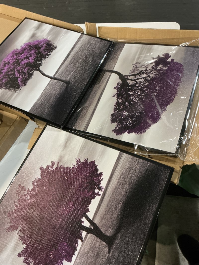 Condition photo showing Good Condition for set of 3 modern framed wall art canvas prints, featuring a purple tree landscape for living room home decoration