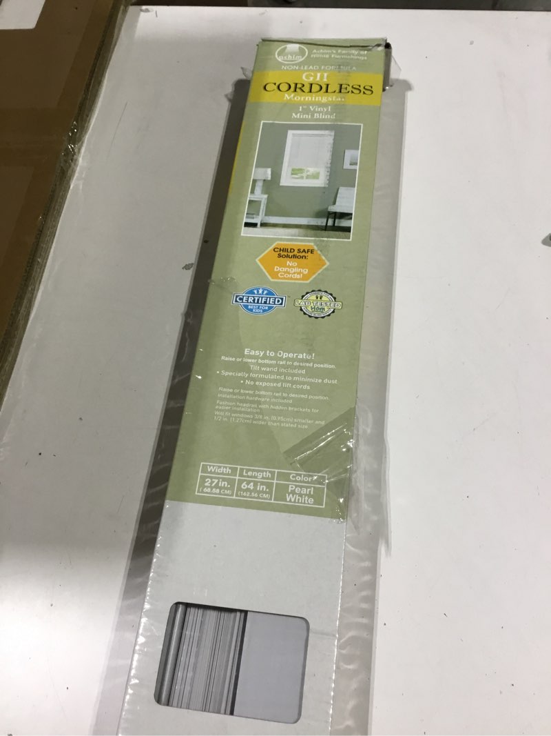 Condition photo showing Good Condition for Cordless Light Filtering Mini Blind - 27 Inch Width, 64 Inch Length, 1" Slat Size - Pearl White - Cordless GII Morningstar Horizontal Windows Blinds for Interior by Achim Home Decor 27"W x 64"H Pearl White
