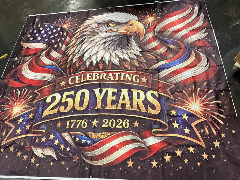Condition photo showing Good Condition for garage door backdrop setup celebrating 250 year . 8x7’
