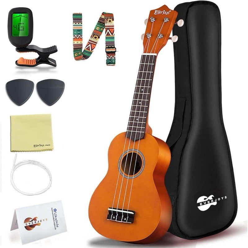Everjoys Soprano Ukulele Beginner Pack-21 Inch w/Free Online Lesson Gig Bag Digital Tuner Pick Polishing Cloth All in One Kit 21 inch orange