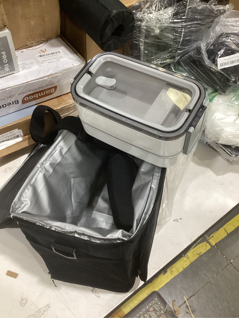 Condition photo showing New/Like New for insulated and stackable 2-layer bento box set for adults/men/women - 10l large thermal leak-proof oxford lunch bag for work/picnic/travel (black), lunch box(white) lunch bag(black) black/white