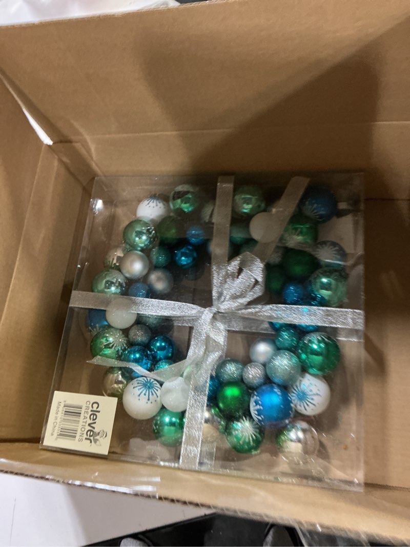 Condition photo showing As Is for Christmas Ornament Wreath by Clever Creations | Blue, Green, White & Silver | Festive Holiday Décor | Modern Theme | Lightweight Shatter Resistant | Indoor/Outdoor Various Use | 13.5” x 13.5” x 2.75”