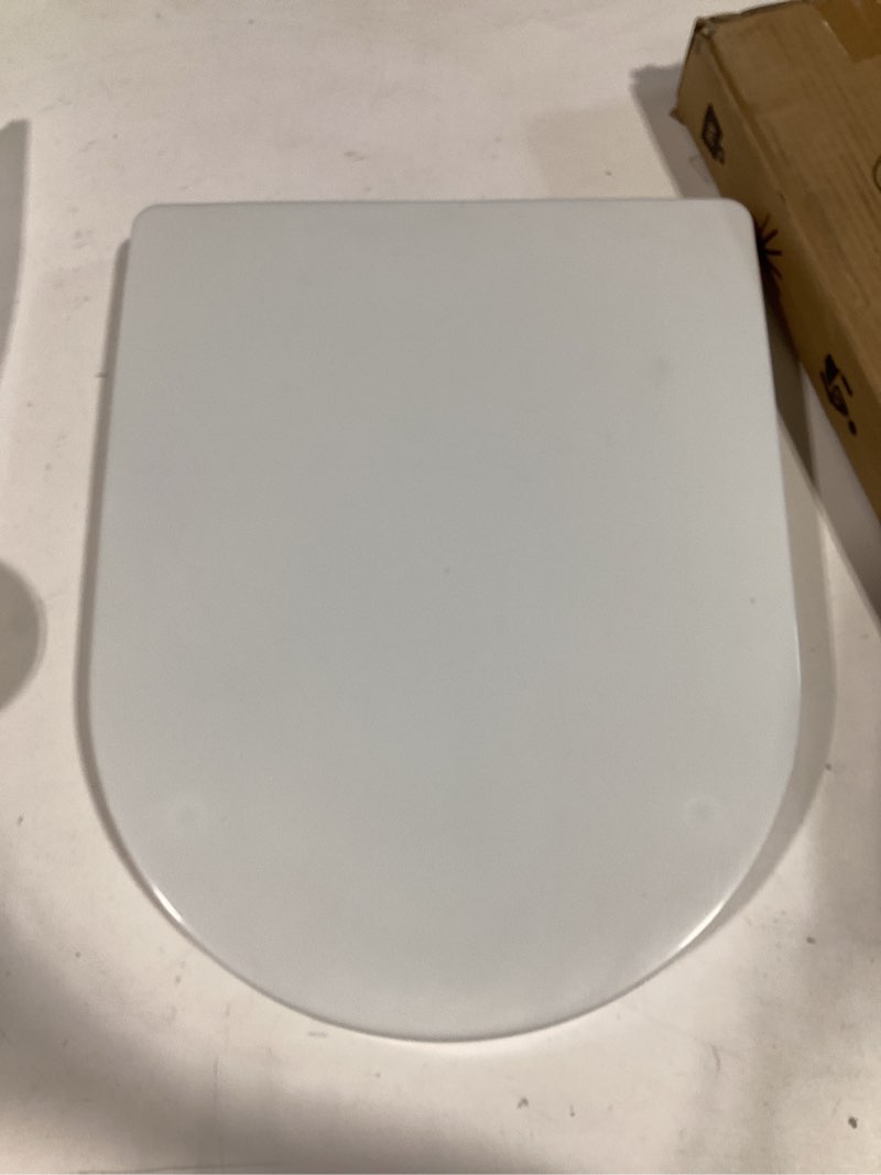 Condition photo showing As Is for soft close quick release toilet seat elongated- heavy duty adjustable stainless hinges, d/u shape toilet seats cover for easy cleaning & simple top fixing - white toilet lid
