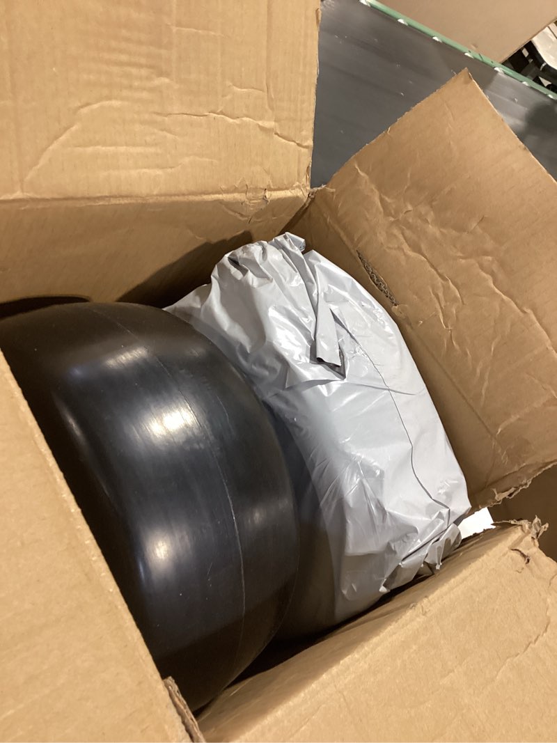 Condition photo showing Good Condition for 11x6.00-5" lawn mower front wheels, zero-steering solid wheels for residential and commercial use, suitable for 3/4-inch and 5/8-inch bearings, adjusted center hub, 2 pack with adapter kit
