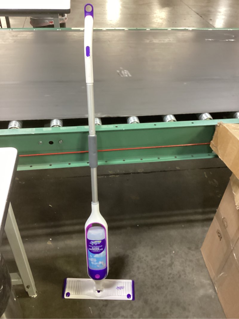 Condition photo showing As Is for swiffer powermop multi-surface mop kit for floor cleaning, includes powermop, 2 mopping pad refills, 1 cleaning solution with fresh scent and 2 batteries purple and white