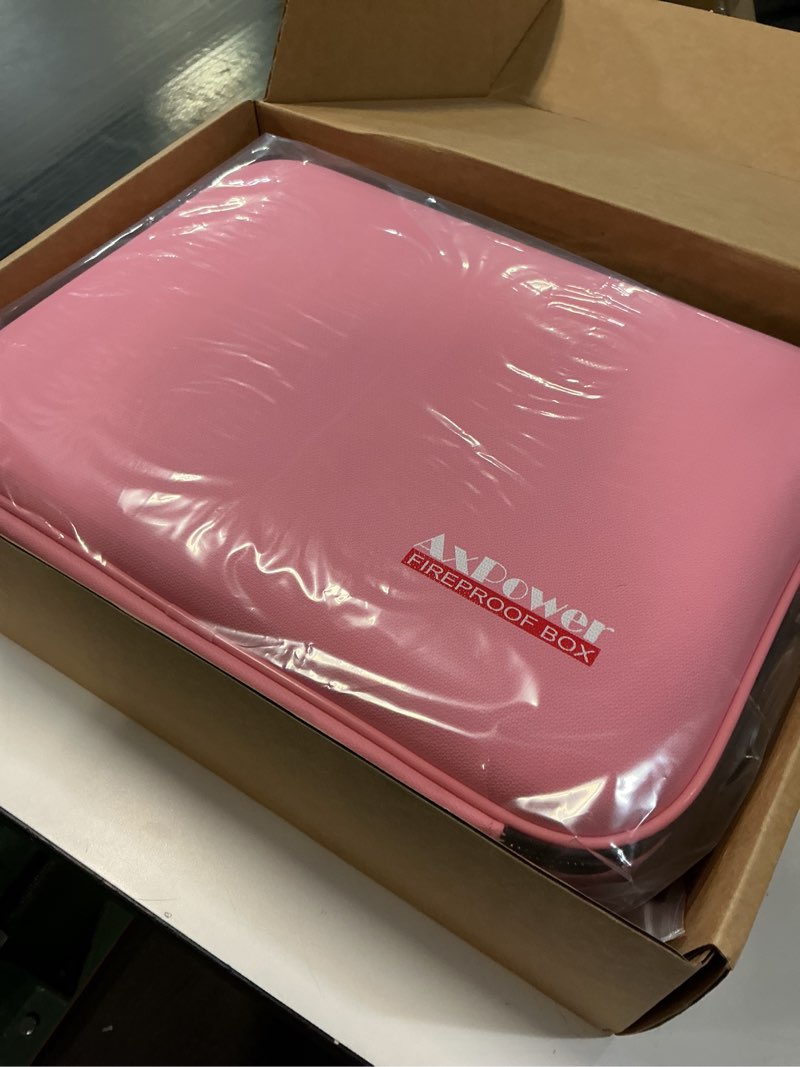 Condition photo showing New/Like New for Fireproof Document Box Hard Case With Lock, Multi-Layer Fire Proof Water Resistant Safe Box File Organizer Bag With Small Money Bag for Important Documents Passport Certificates Laptop (Pink)