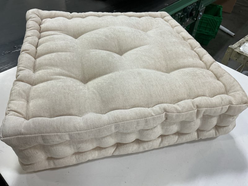 Condition photo showing Good Condition for Intelligent Design Azza Floor Pillow, Large Cushions Sitting for Adults, Floor Pillow for Meditation or Yoga, Lustrous Chenille Tufted with Scalloped Edges for Bench/Chair Cushion, 20"x20"x5" Ivory 20"W x 20"L x 5"H Square Ivory