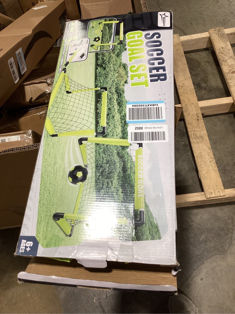 Condition photo showing Good Condition for kids soccer goals set for indoor & outdoor play – includes foldable goal, ball, pump & 4 stakes 1 pack- goal set